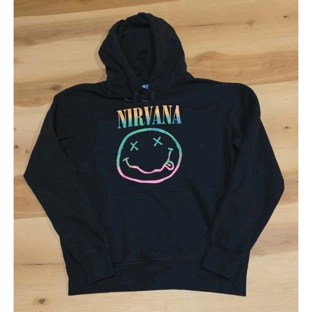 Nirvana Rainbow Smiley Face Hoodie H&M 2020 Kurt Cobain Grunge Rock Band Black M
